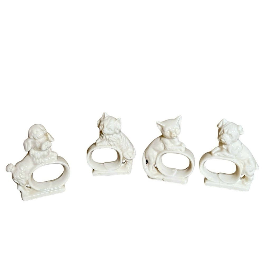 Vintage Ardalt Japan Milk Glass cat dog napkin rings bulldog poodle